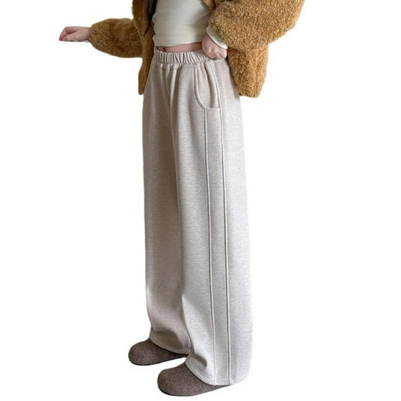 SERTG Big Kids Girls Solid Color Jogger Pants Straight Leg Elastic Waist Fall Winter Casual Trousers Everyday Active Wear Pants(Beige,13-14 Years)