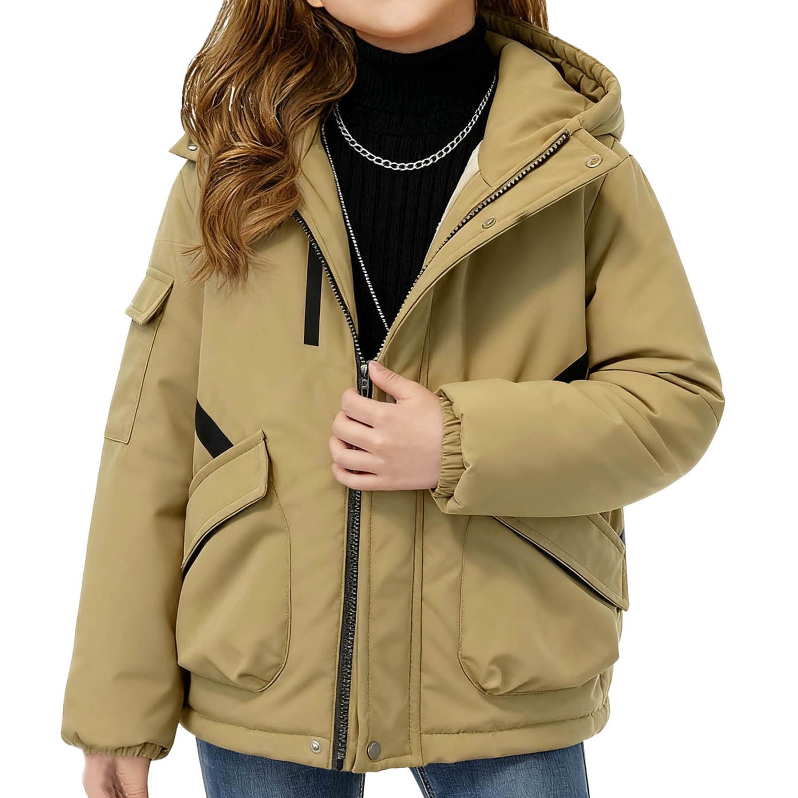 SERTG Big Kids Hooded Coat Solid Color Thermal Warm Fall Winter