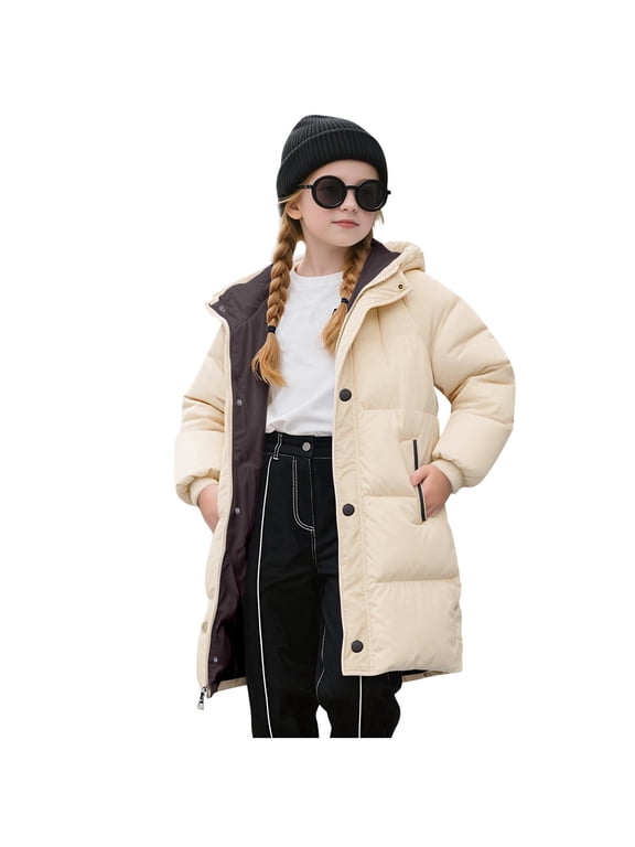 Big Kids Mid-Length Hooded Jacket Thermal Insulated Solid Color with Pocket Detail Winte Comfortable Outerwear for Boys and Girls 2-11 Years(Beige,3 Years)