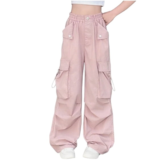 SERTG Big Kids Solid Color Cargo Pants Elastic Waist with Pockets Fall Winter Fashion Casual Long Trousers for Boys and Girls 5-15 Years(Pink,11 Years)