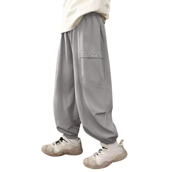 SERTG Big Kids Summer Lightweight Icel Silk Cargo Pants with Large Pockets Spring Summer Comfortable Tapered Cuff Cool Stylish Trousers for Boys 5-14 Years (Gray#1,7 Years)