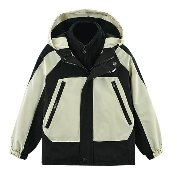 SERTG Boys Cute Print Jacket 3-in-1 System Detachable Hooded Jacket Long Sleeve Active Versatile Outerwear for Kids 3-13 Years(Black,10 Years)