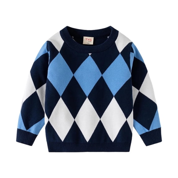 SERTG Boys Double Panel Pullover Sweater Long Sleeve Round Neck Fall Winter Knit Insulated Core Top for Children 1-8 Years(Navy,7 Years)