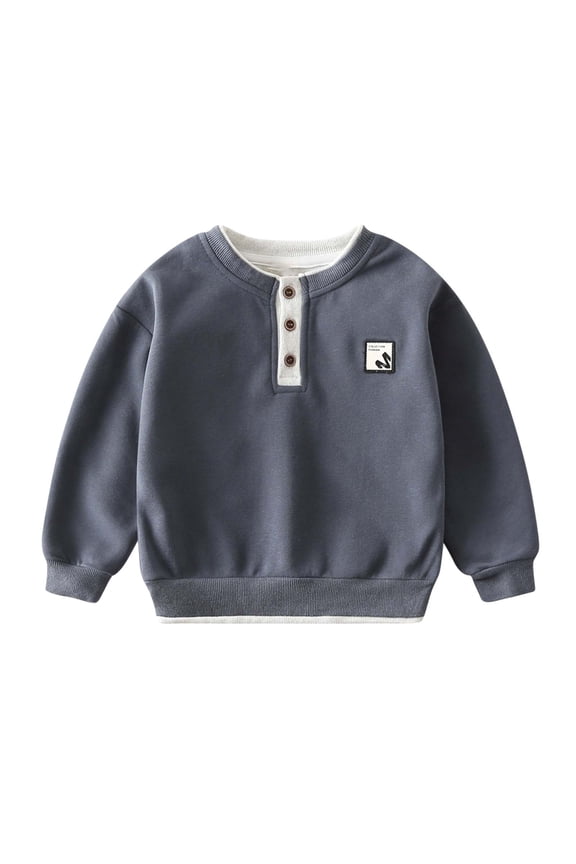 Boys Fleece-Lined Round Neck Pullover Sweatshirt Long Sleeve with Button Hoodless Casual Sports Fall Winter Warm Comfortable Top Active Wear for Kids(Dark Gray,2-3 Years)