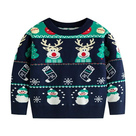 SERTG Boys and Girls Christmas Knit Sweater Holiday Cute Print Round Neck Cozy Warm Pullover Fall Winter Tops for Children 4-12 Years(Dark Blue#5,3 Years)