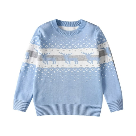 SERTG Boys and Girls Christmas Knit Sweater Holiday Cute Print Round Neck Cozy Warm Pullover Fall Winter Tops for Children 4-12 Years(Light Blue#1,6 Years)