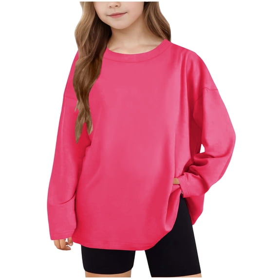 SERTG Boys Girls Long Sleeve Pullover Hoodless Solid Color Casual Loose Kids Spring Fall Outdoor Top Sweatshirt(Hot Pink,14 Years)