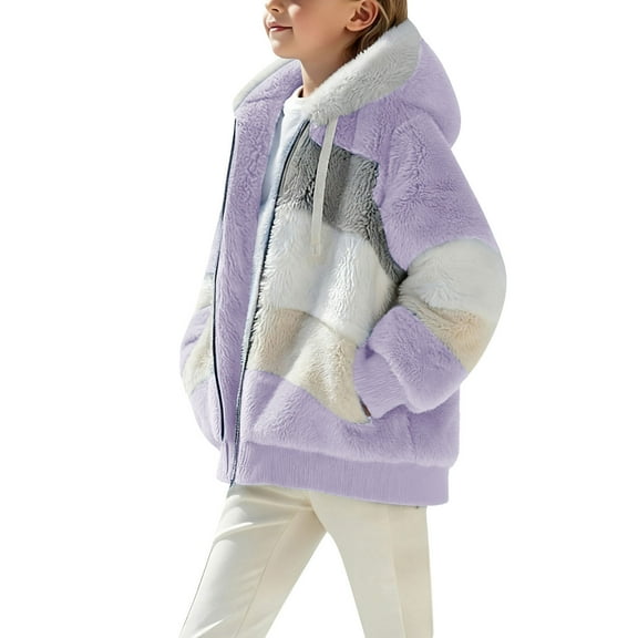 SERTG Boys Girls Plus Size Long Style Fleece Hooded Jacket Double Sided Plush Long Sleeve Fall Winter Casual Warm Fashion Zip Outerwear Coat for kids 5-14 Years(Purple,13-14 Years)