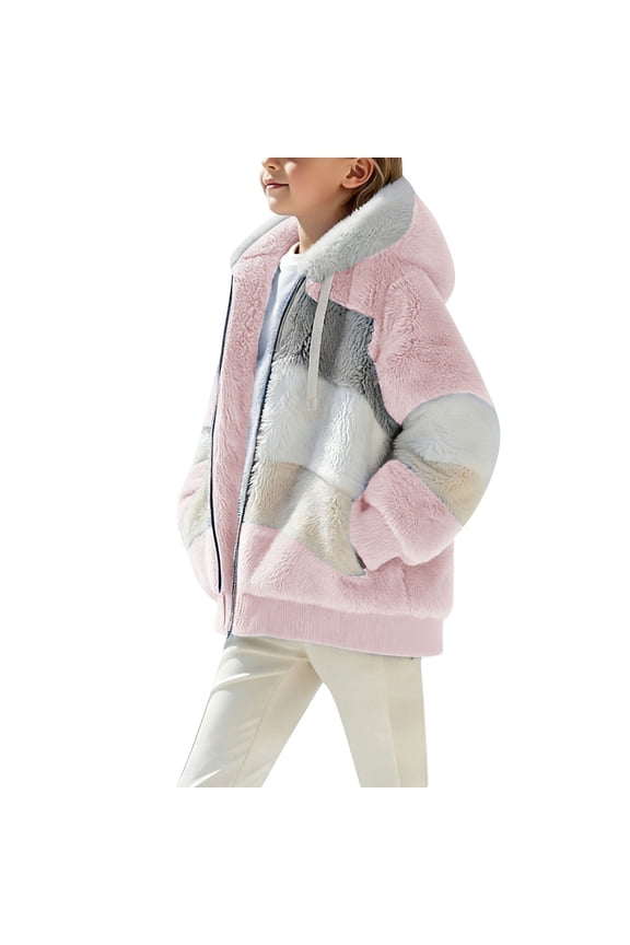 Boys Girls Plus Size Long Style Fleece Hooded Jacket Double Sided Plush Long Sleeve Fall Winter Casual Warm Fashion Zip Outerwear Coat for kids 5-14 Years(Pink,5-6 Years)