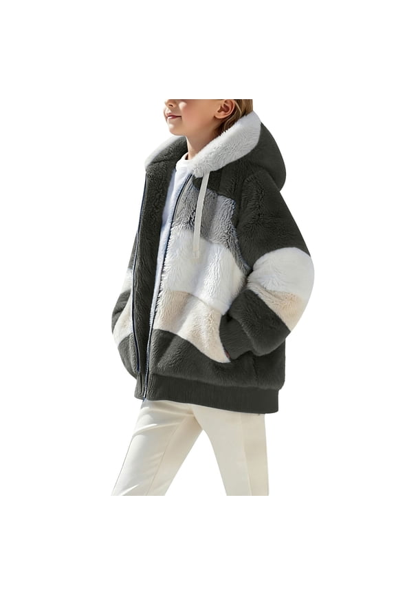 Boys Girls Plus Size Long Style Fleece Hooded Jacket Double Sided Plush Long Sleeve Fall Winter Casual Warm Fashion Zip Outerwear Coat for kids 5-14 Years(Dark Gray,9-10 Years)