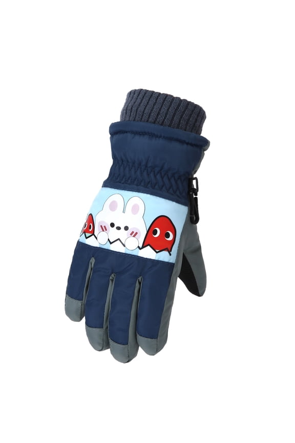 Boys Girls Snow Gloves Cute Cartoon Non-Slip Thickened Warmth Winter Waterproof Kids Skiing Sports Gloves for Children 4-7 Years(Navy,One Size)