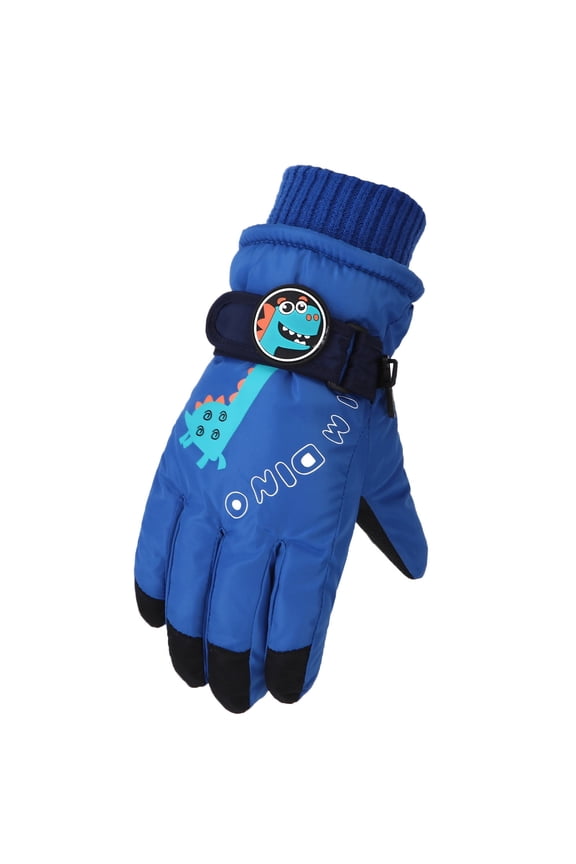 Boys Girls Snow Gloves Cute Cartoon Thickened Warmth Insulated Grip Adjustable Wrist Winter Waterproof Kids Skiing Sports Gloves for Children 6-10 Years(Blue,One Size)