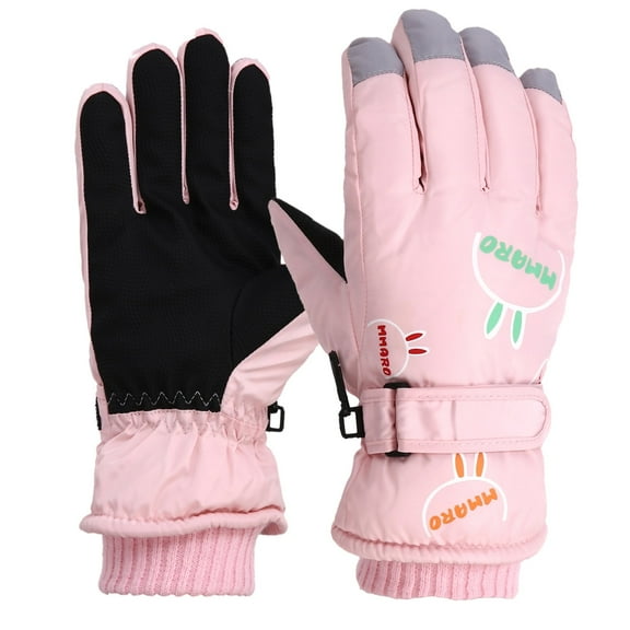 SERTG Boys Girls Snow Gloves Cute Cartoon Thickened Warmth Insulated Grip Adjustable Wrist Winter Waterproof Kids Skiing Sports Gloves for Children 8-12 Years(Pink,One Size)