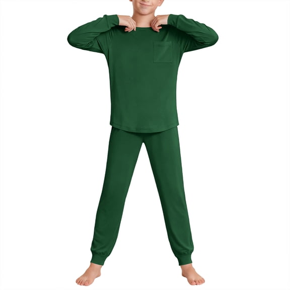 SERTG Boys Girls Solid Color Long Sleeve Top and Pants Set Kids Homewear Set Spring Fall Winter Casual Shirt Set(Green,7 Years)