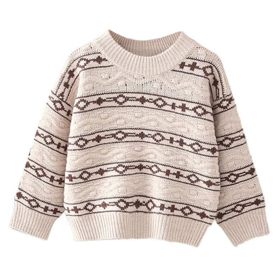 SERTG Boys Girls Striped Knit Sweater Round Neck Long Sleeve Fashion Comfortable Fall Winter Casual Everyday Top for Kids(Beige,1-2 Years)