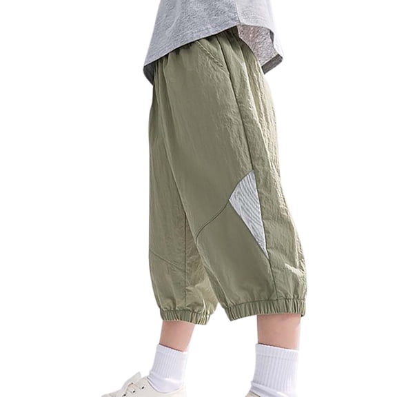 SERTG Boys Kids Color Block Jogger Pants 3/4 Loose Fit Pants Kids Spring Summer Casual Bottoms Everyday Trousers(Green,11 Years)