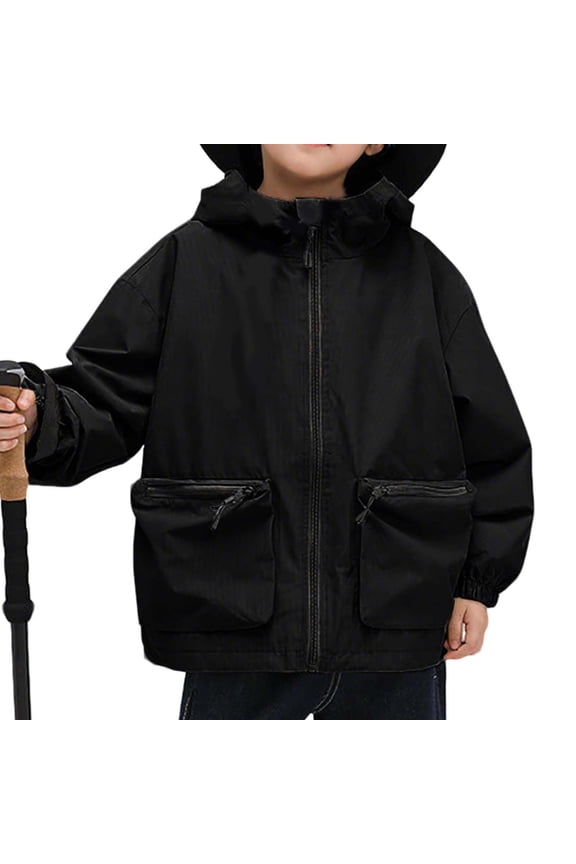 Boys Solid Color Hooded Jacket with Zipper Pockets Long Sleeve Spring Fall Casual Outerwear Top for Boys 7-15 Years(Black,7 Years)