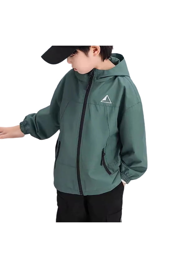 Boys Solid Color Hooded Jacket with Zipper Pockets Long Sleeve Spring Fall Casual Outerwear Top for Boys 7-15 Years(Green,13 Years)