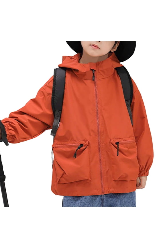Boys Solid Color Hooded Jacket with Zipper Pockets Long Sleeve Spring Fall Casual Outerwear Top for Boys 7-15 Years(Orange,7 Years)