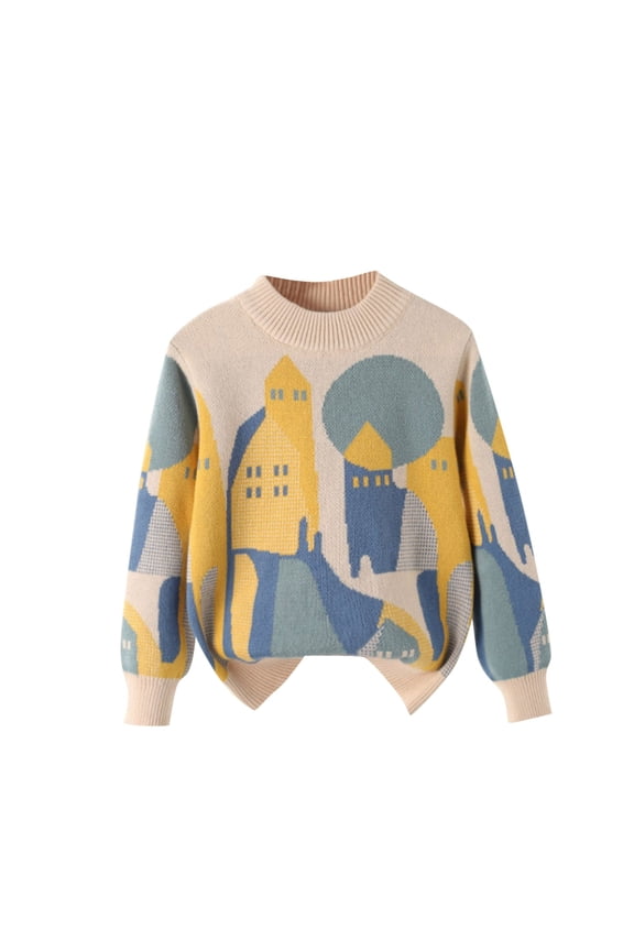 Boys Sweater Casual Loose Round Neck Long Sleeve Fall Winter Base Shirt with Cute Print for Kids 3-14 Years(Beige,15 Years)