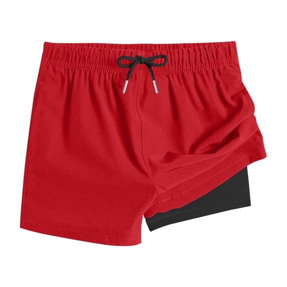 SERTG Boys Swim Trunks Double Layer Quick-dry Adjustable Drawstring Elastic Waistband Shorts Kids Breathable Summer Water Play Swim Bottoms(Red,10 Years)