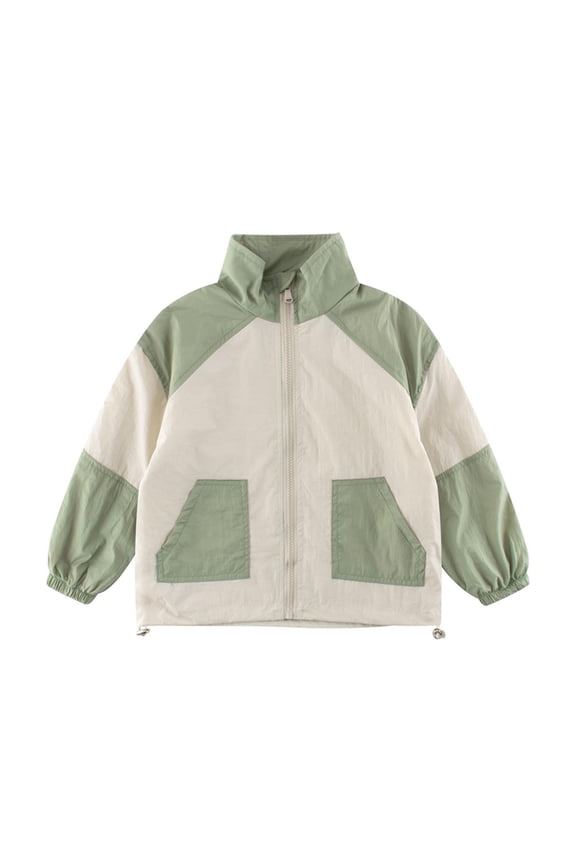 Boys Two-Tone Fall Jacket Long Sleeve Convertible Collar Zipper Front Casual Fashion Outerwear Top for Children 3-9 Years(Green,4 Years)