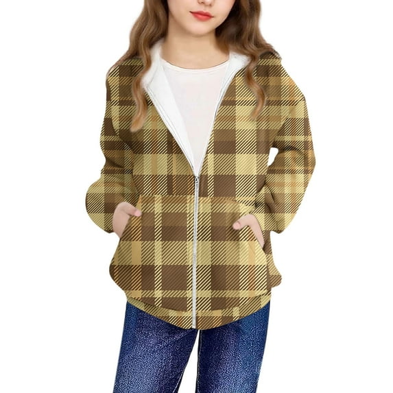 SERTG Boys and Girls Checkered Hooded Jacket Zip Front Long Sleeve Sporty Casual Outerwear Top for Children 4-12 Years(Yellow,7 Years)