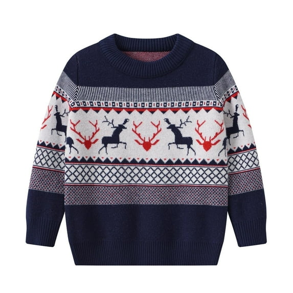 SERTG Boys and Girls Christmas Knit Sweater Holiday Cute Print Round Neck Cozy Warm Pullover Fall Winter Tops for Children 4-12 Years(Navy#2,4 Years)