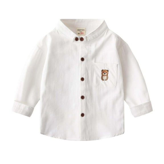SERTG Boys and Girls Long Sleeved Shirts V-Neck with Cute Embroidery Pockets Fashion Casual Top for Children 1-8 Years(White,2 Years)