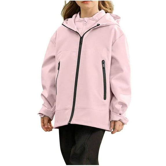 SERTG Boys and Girls' Solid Color AllWeather Active Jacket Hooded Zip-Front Long Sleeve Versatile Outerwear for Kids 3-15 Years(Pink,12 Years)