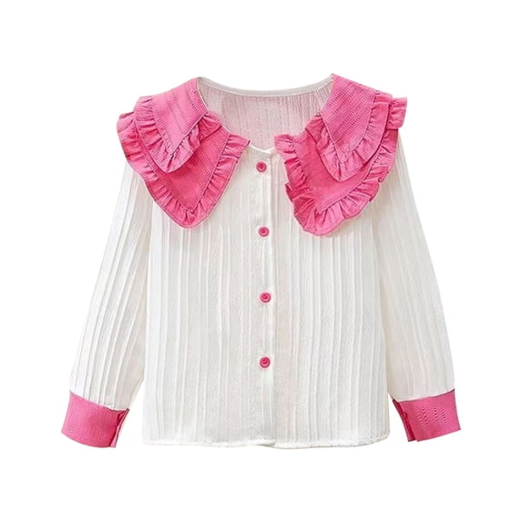 SERTG Child Blouse Fashion Round Neck Shirts Spring Fall Long Sleeve Button-Down Tops Ruffle Collar Blouse for Child 3-13 Years(Z01#Hot Pink,5 Years)