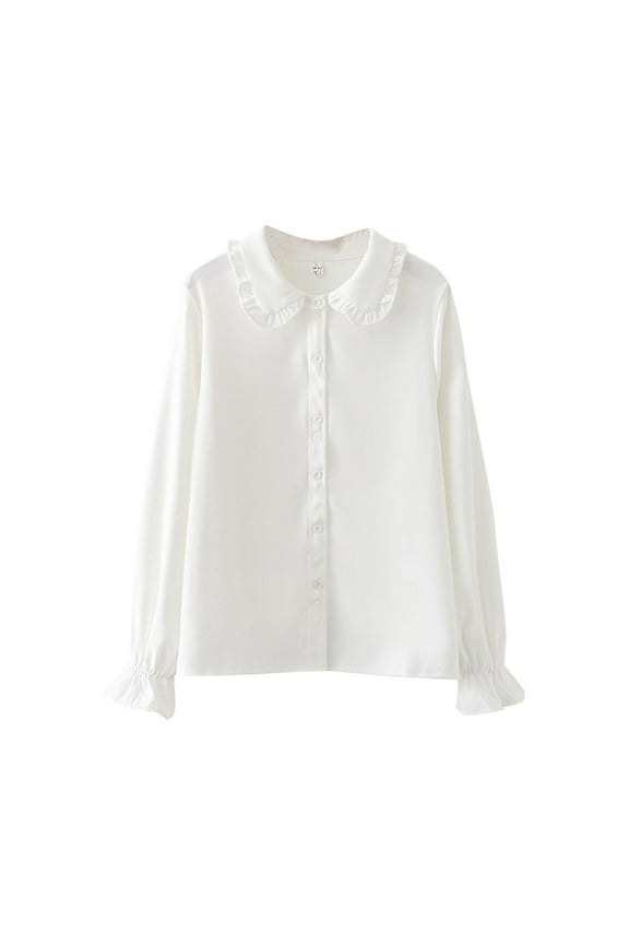 Child Blouse Fashion Round Neck Shirts Spring Fall Long Sleeve Button-Down Tops Ruffle Collar Blouse for Child 5-13 Years(Z02#White,7 Years)