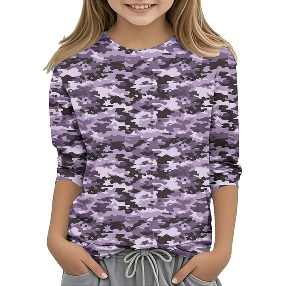 SERTG Child and Child Camouflage Print Shirts Kids Soft Crewneck Tee 3/4 Sleeve T-Shirt Basic Long Sleeve Tops for Children 3-12 Years(Purple#3,5 Years)