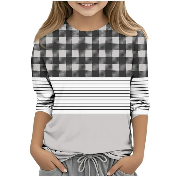 SERTG Child Child Plaid Striped 3/4 Sleeve Shirt – Lightweight Round Neck Pullover for Spring Autumn Printed Casual Layering Tee(Gray,7 Years)