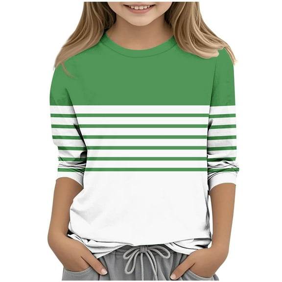 SERTG Child Child Plaid Striped 3/4 Sleeve Shirt – Lightweight Round Neck Pullover for Spring Autumn Printed Casual Layering Tee(Green#1,13 Years)