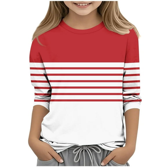 SERTG Child Child Plaid Striped 3/4 Sleeve Shirt – Lightweight Round Neck Pullover for Spring Autumn Printed Casual Layering Tee(Red#1,13 Years)