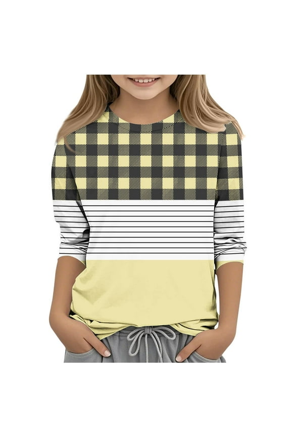 Child Child Plaid Striped 3/4 Sleeve Shirt – Lightweight Round Neck Pullover for Spring Autumn Printed Casual Layering Tee(Yellow,3 Years)
