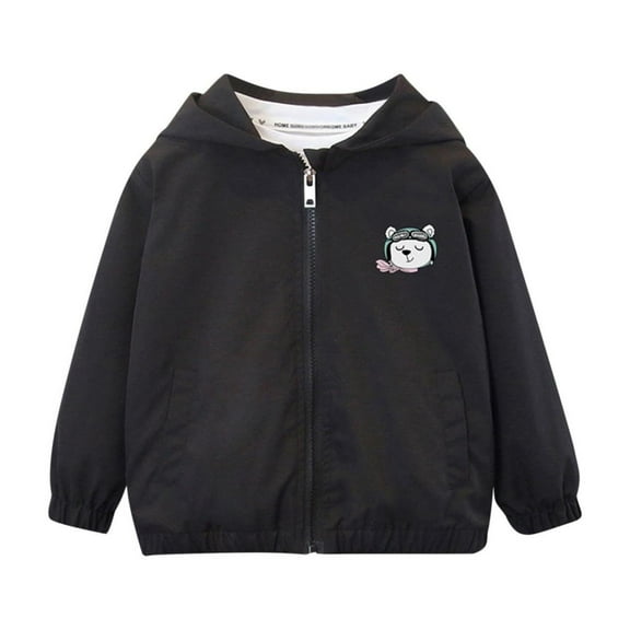 SERTG Children Casual Light Jacket Spring Fall Long Sleeves Hooded Solid Color Zipper Tops with Cute Printing for Kids 3-16 Years (Black#1,1 Years)