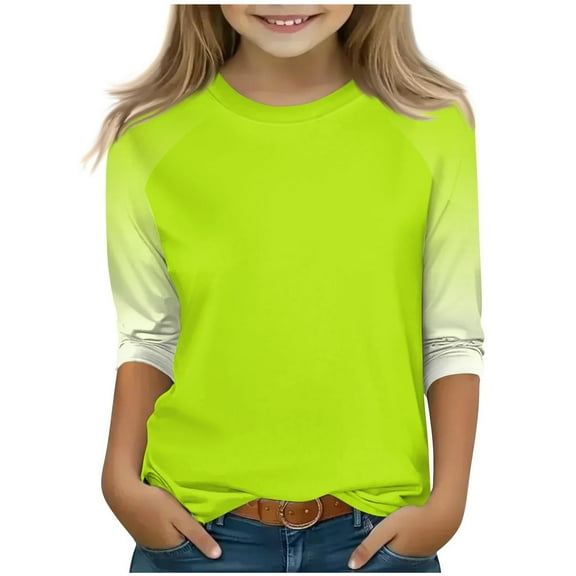 SERTG Children Casual T Shirts Kids Loose Soft Soid Color Block Crew Neck Tunic Tops 3/4 Sleeve Tees Spring Fall Blouses for 4-15 Years(Green,11 Years)