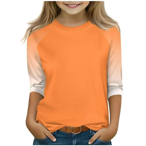 SERTG Children Casual T Shirts Kids Loose Soft Soid Color Block Crew Neck Tunic Tops 3/4 Sleeve Tees Spring Fall Blouses for 4-15 Years(Orange,4 Years)