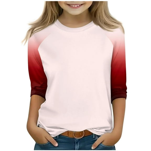 SERTG Children Casual T Shirts Kids Loose Soft Soid Color Block Crew Neck Tunic Tops 3/4 Sleeve Tees Spring Fall Blouses for 4-15 Years(White,9 Years)
