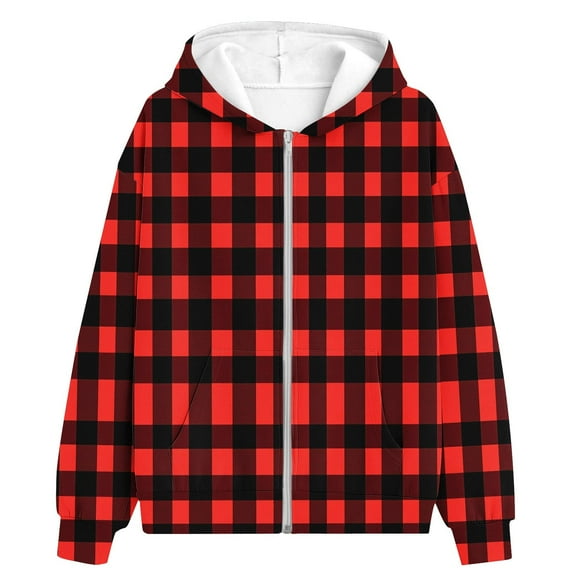SERTG Children Christmas Round Neck Hooded Zipper Coat Fall Winter Long Sleeves Lattice Printing Sweatshirt for Kids 2-14 Years(Red#7,2 Years)