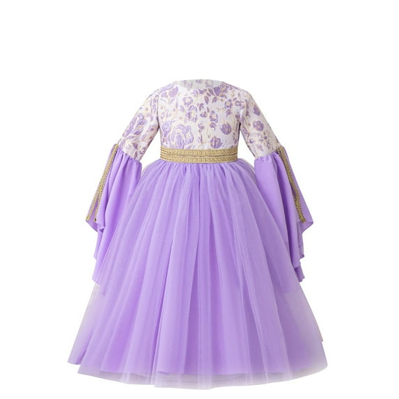SERTG Children Elegant Embroidered Print Skirt Formal Long Sleeves Round Neck Princess Loose Robe Party Dress for Kids 4-8 Years(Purple,4 Years)