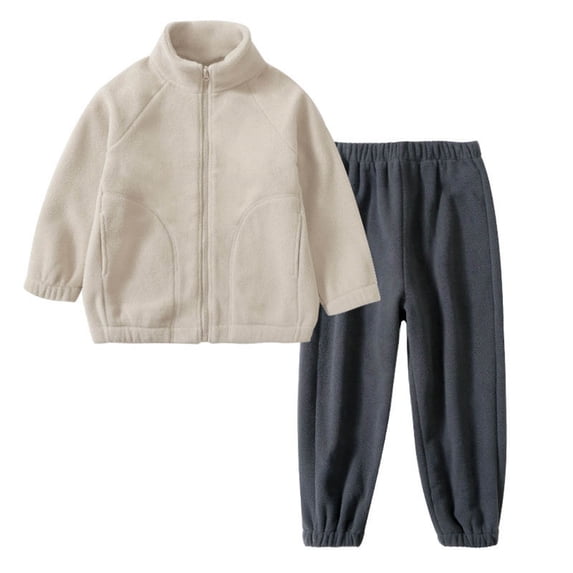 SERTG Children Fall Winter Set Fleece Casual Long Sleeved Round Neck Top+Elastic Waistband Leg Tied Pants Warm Two-Piece Set for Kids 3-17 Years(Khaki,7-8 Years)