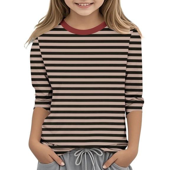 SERTG Children Fashion Solid Color 3/4 Sleeve Round Neck Tops Fall Winter Casual Base Shirt with Striped Print for Kids 3-12 Years (Coffee,9 Years)