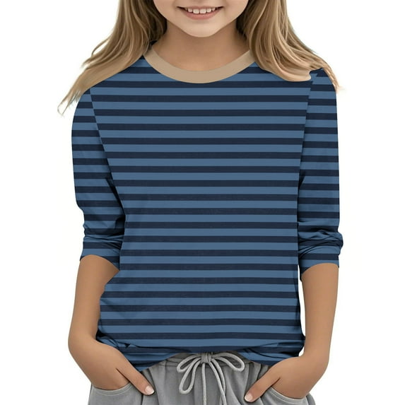SERTG Children Fashion Solid Color 3/4 Sleeve Round Neck Tops Fall Winter Casual Base Shirt with Striped Print for Kids 3-12 Years (Navy#1,5 Years)