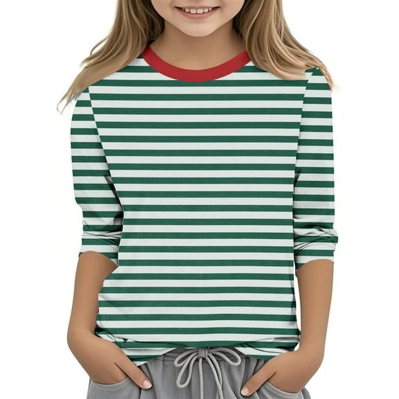 SERTG Children Fashion Solid Color 3/4 Sleeve Round Neck Tops Fall Winter Casual Base Shirt with Striped Print for Kids 3-12 Years (White,4 Years)