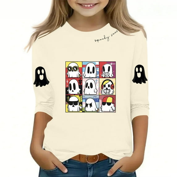 SERTG Children Halloween Print Shirt 3/4 Long Sleeve Round Neck Loose Fitted Casual Playful Top for Boys and Girls 3-12 Years(Beige,9-10 Years)
