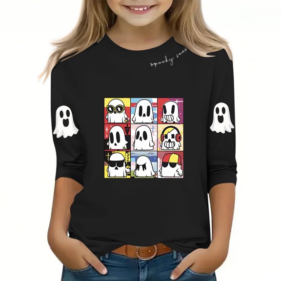 SERTG Children Halloween Print Shirt 3/4 Long Sleeve Round Neck Loose Fitted Casual Playful Top for Boys and Girls 3-12 Years(Black,3-4 Years)