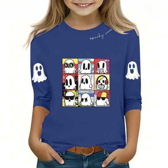SERTG Children Halloween Print Shirt 3/4 Long Sleeve Round Neck Loose Fitted Casual Playful Top for Boys and Girls 3-12 Years(Blue,9-10 Years)
